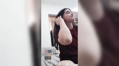 Girlfriend lifting T-shirt and showing fluffy huge boobs