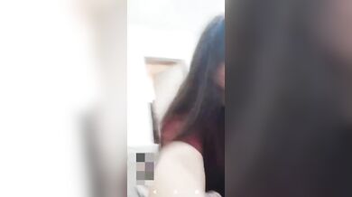 Girlfriend lifting T-shirt and showing fluffy huge boobs