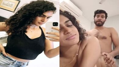 Curly hair Indian girl blowjob and xxx doggy sex