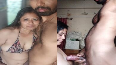MILF cum on boobs after sucking husband big dick