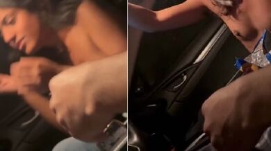 College girl fun trip with boys showing boobs in car